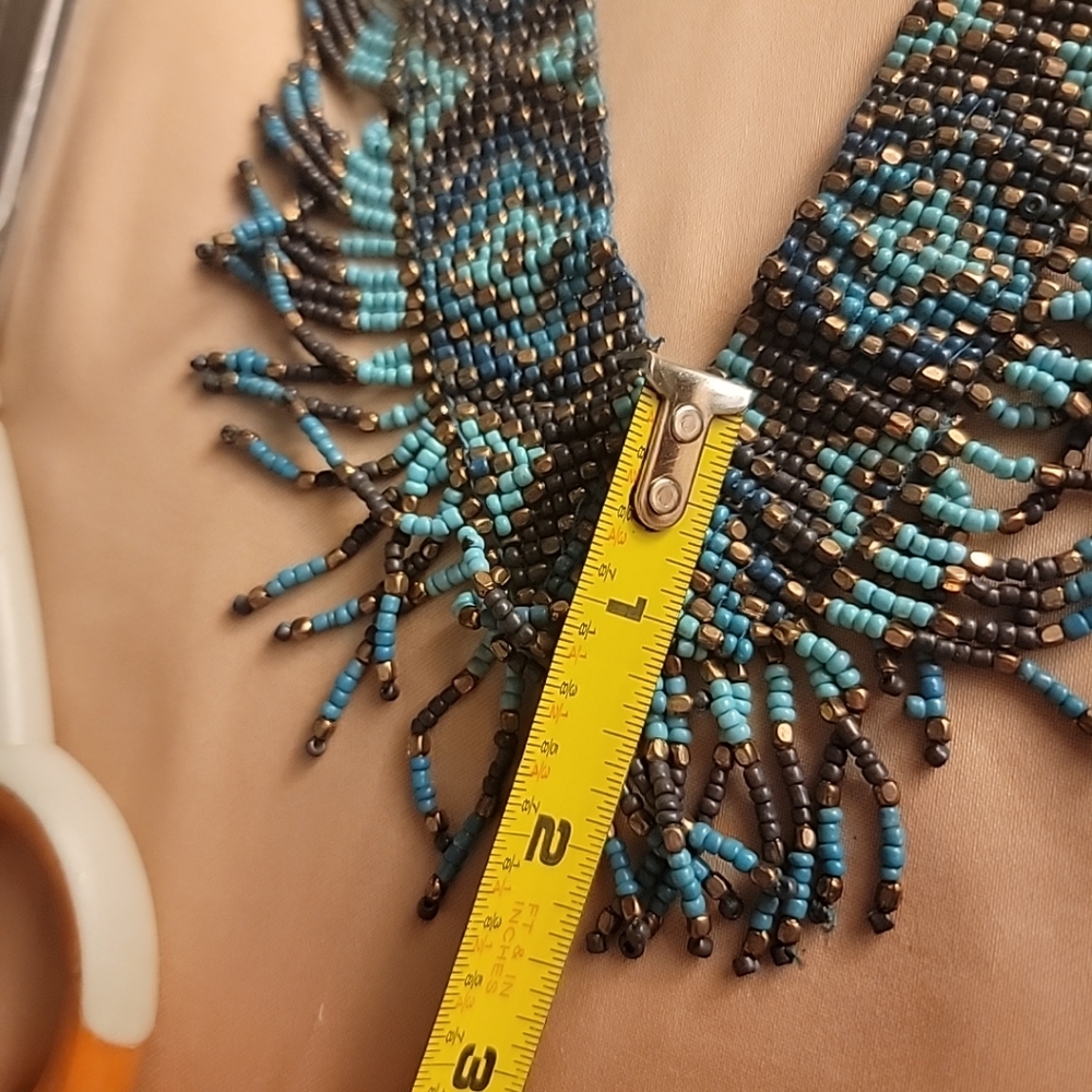 Native American Style Woven Turquoise And Bronze Bead Fringe Tribal Necklace - Picture 10 of 10